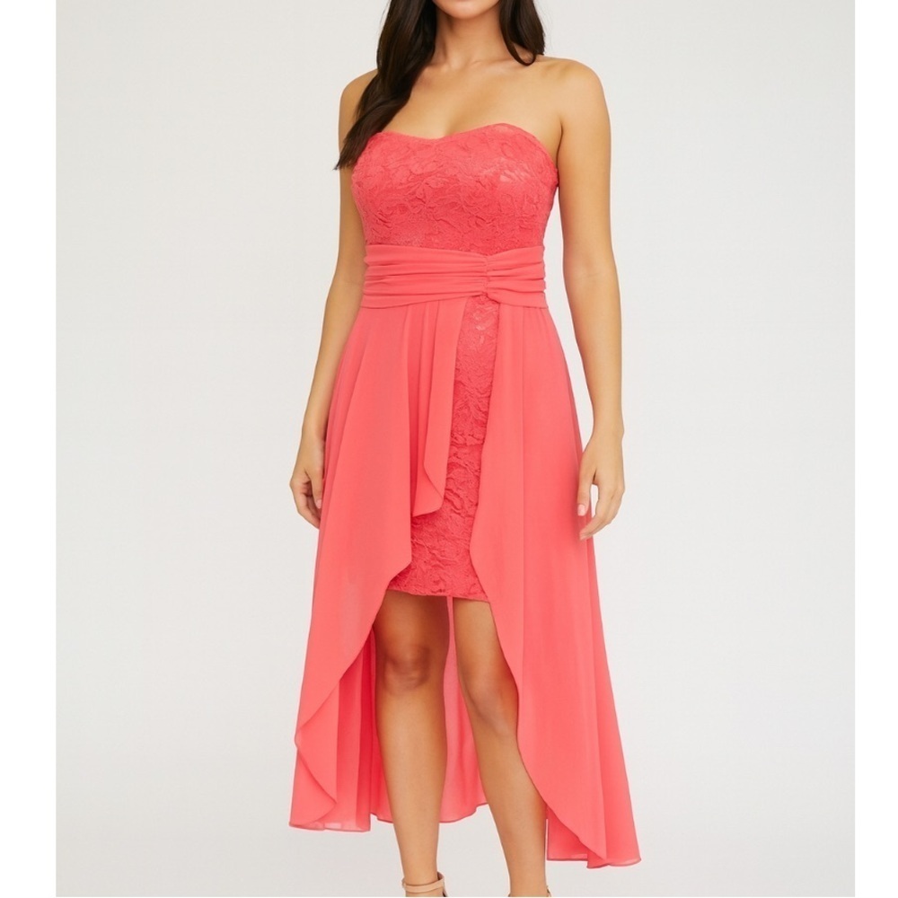 La Scala dress tangerine orange strapless lace and flowy formal midi high low LG
